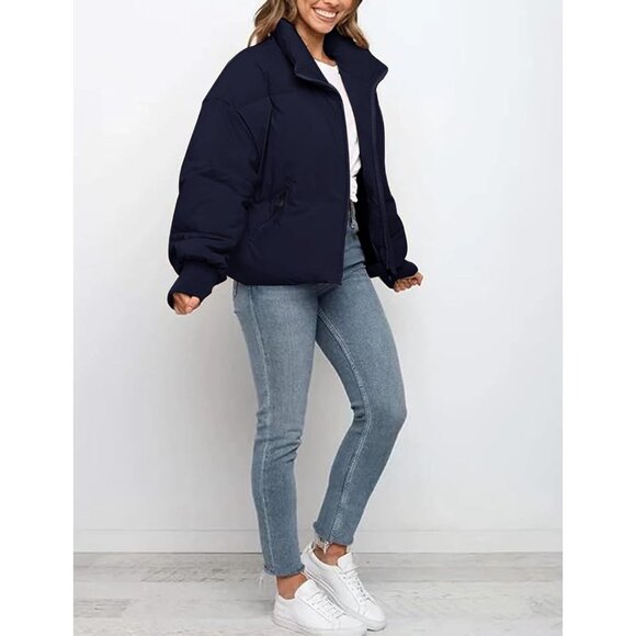Women’s Navy Winter Cropped Puffer Jacket Coat Short Warm Quilted Jacket - Picture 6 of 7